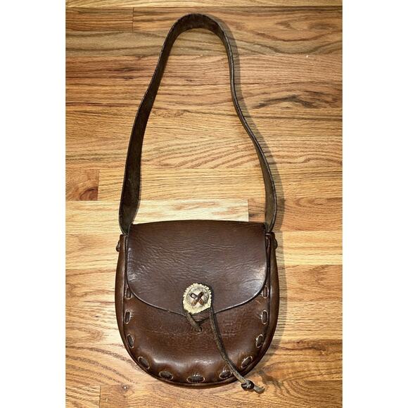 Vintage 70s Leather Handmade Purse Shoulder Bag With Antler Closures Hippy Boho - Picture 1 of 10